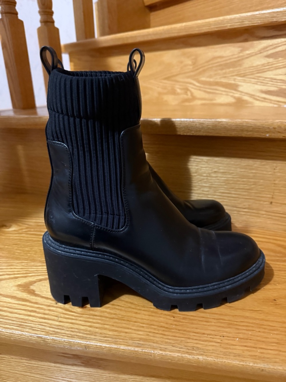 Zara Black Ribbed Sock Chelsea Lug-Heel Boots